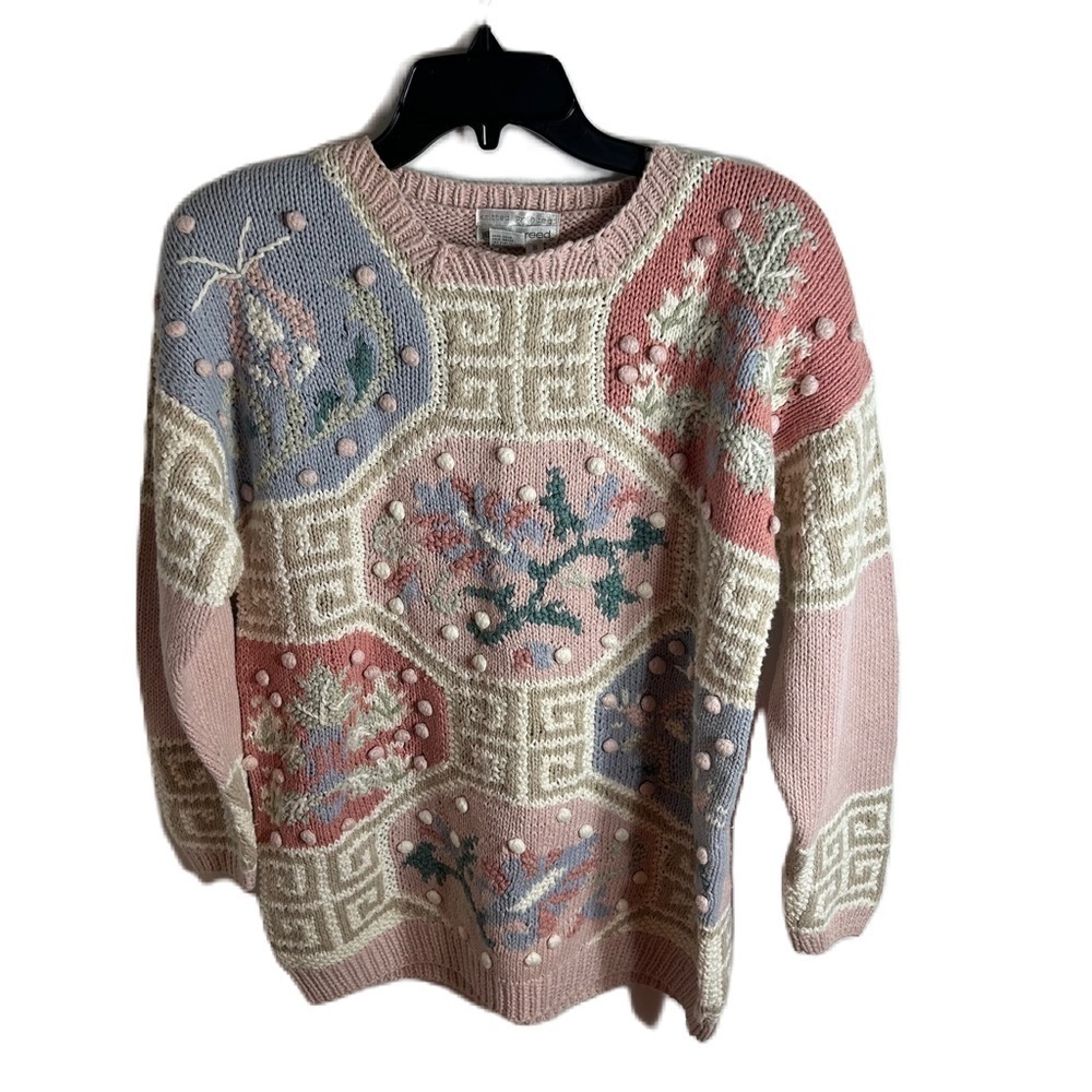Vintage Knitted By Hand Jennifer Reed Pom Ball Pastel Floral Sweater Small